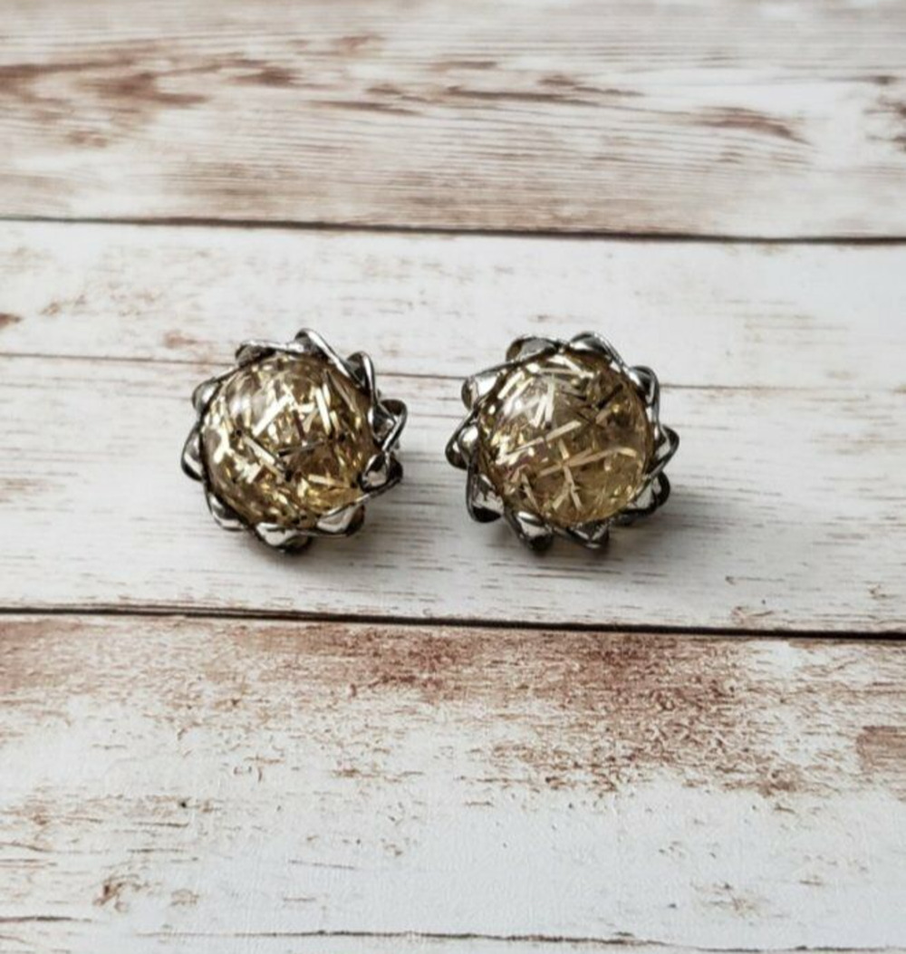 Vintage Clip On Earrings Gold Tone Strands with Fancy Silver Tone Halo